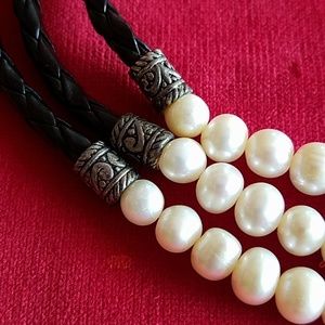 HONORA pearls & black leather sterling silver neck